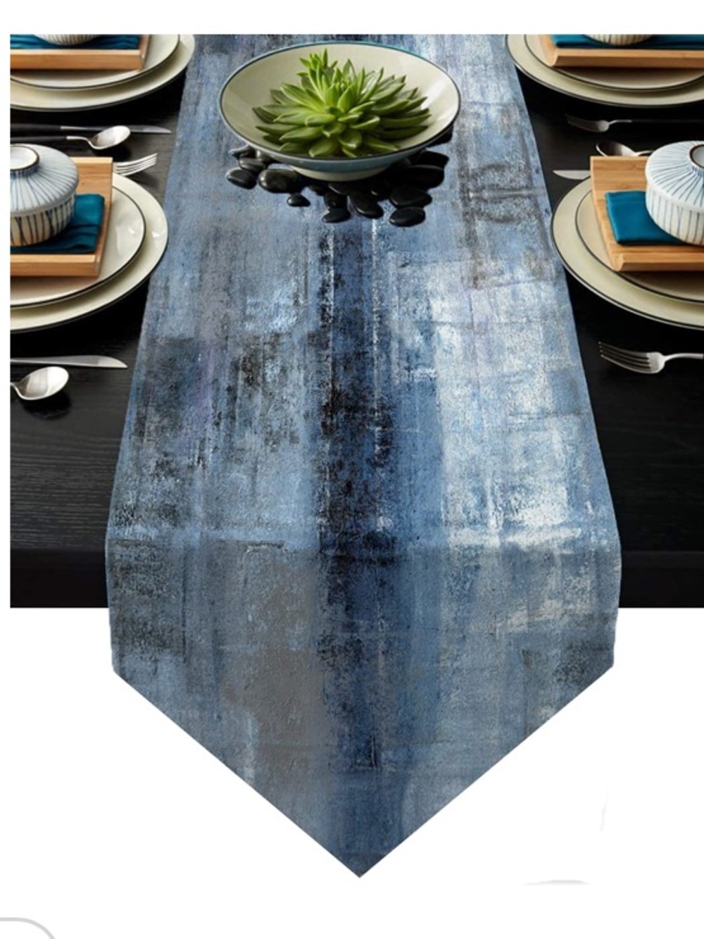 Coastal Blue Abstract Table Runner 13x91”